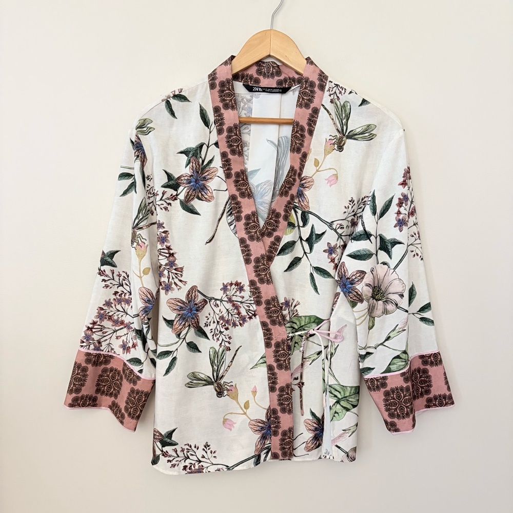 Zara Floral Kimono Print Tie Waist‎ Wide Sleeve Size Medium - Picture 3 of 14